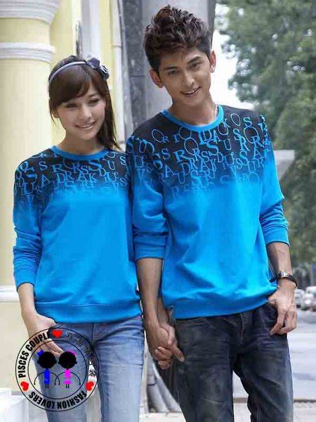 Jual Baju Couple Lengan Panjang Kaos Pasangan Abjad Acak Blue 8373 Di