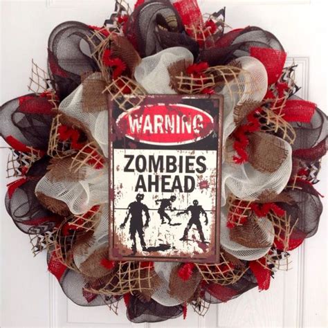Warning Zombies Ahead Halloween Handmade Deco Mesh Wreath What A Mesh