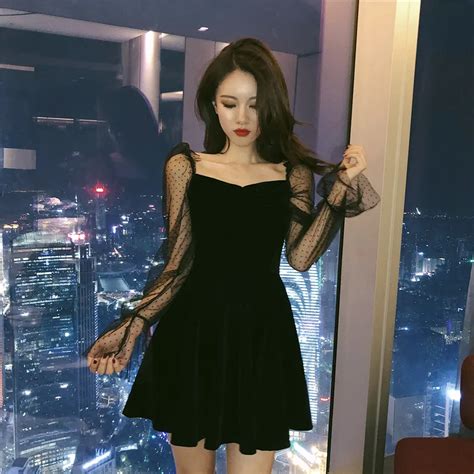 Fashion Temperament Women S Clothing Sexy Korean Black Short Dresses Spring Autumn Mesh