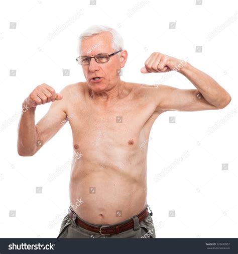 Shirtless Senior Man Gesturing And Showing Body Isolated On White