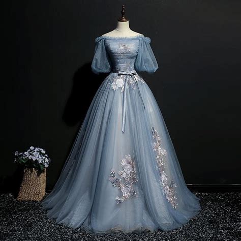 Elegant Blue Floral Embroidered Victorian Inspired Gown Tulle Prom
