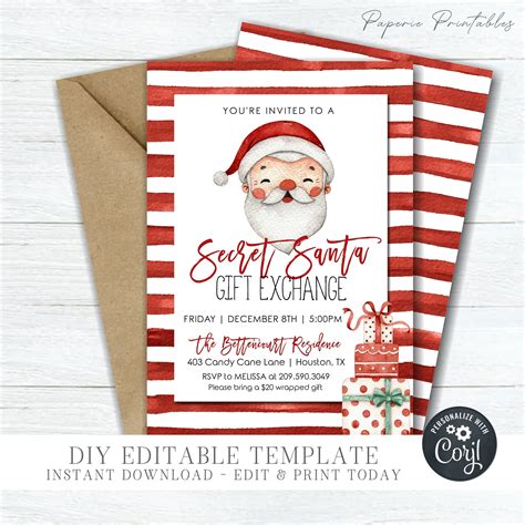 Editable Secret Santa T Exchange Invitation Secret Santa Etsy