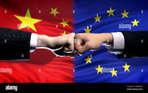 China Vs Eu Conflict International Relations Crisis Fists On Flag