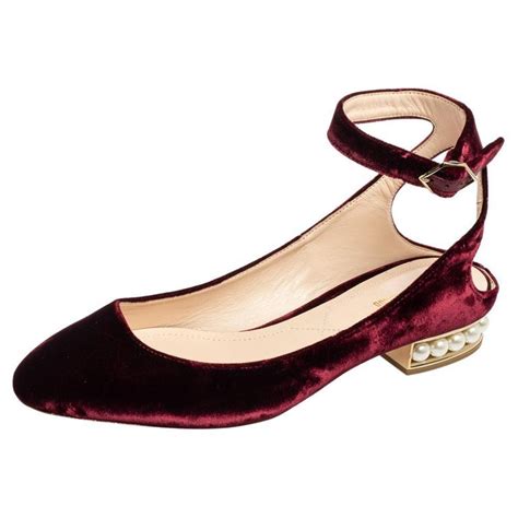 Nicholas Kirkwood Burgundy Velvet Lola Pearl Ankle Strap Ballet Flat
