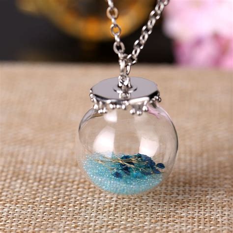 Mini Glass Bottle Necklace With Dried Flower Sky Blue Bead Pedant Vial