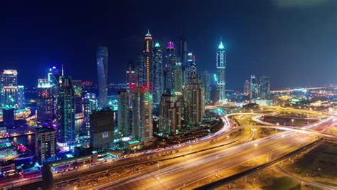 Dubai Marina Night Illumination Traffic Roof Top Panorama 4k Time Lapse