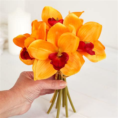 Florescent Orange Artificial Cymbidium Orchid Bundle Bushes And Bouquets Floral Supplies