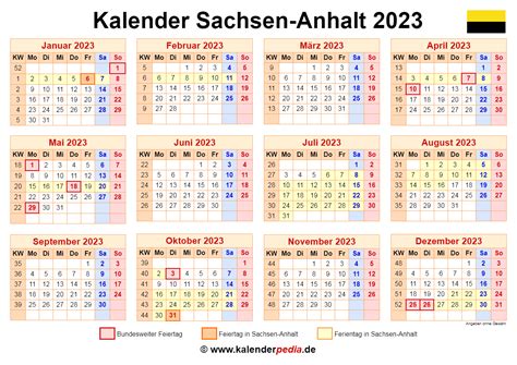 Kalender 2023 Sachsen Anhalt Ferien Feiertage Word Vorlagen