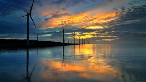 Gray Windmills Water Landscape Sunlight Reflection Hd Wallpaper