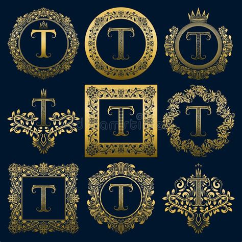 Vintage Monograms Set Of T Letter Golden Heraldic Logos In Wreaths