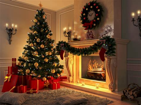 New Interior With Christmas Tree Presents And Fireplace Postcard