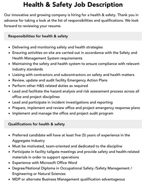 Health And Safety Job Description Velvet Jobs