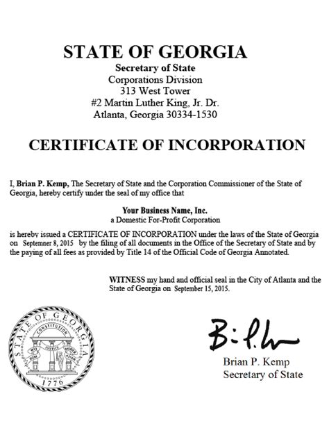 Georgia Articles Of Incorporation Template
