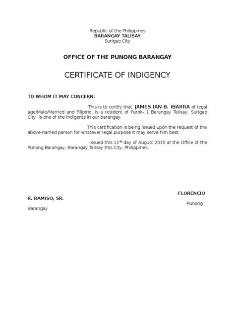 Certificate Of Indigency