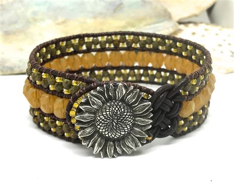 sunflower bracelet beaded leather bracelet sunflower cuff leather bracelet leather jewelry