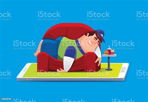 Lazy Fat Man Lying On Sofa With Smartphone Stock Illustration