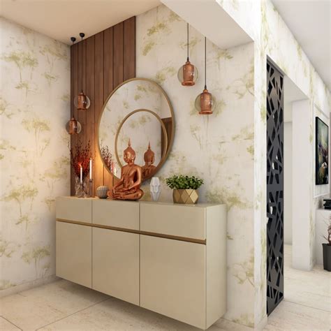Foyer Design With Wallpaper And Wall Mounted Storage Livspace