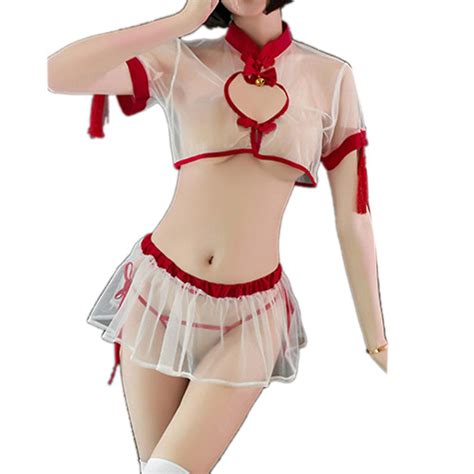 womens chinese cheongsam style lingerie set erotic hollow keyhole see through crop top skirt and