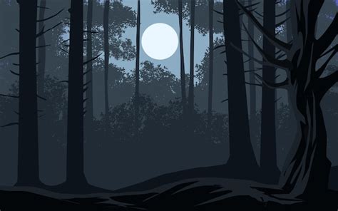 Noche De Luna Oscura En El Bosque Paisaje De Naturaleza Vectorial