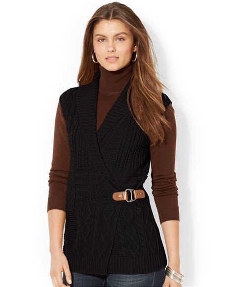 Lauren By Ralph Lauren Petite Cable Knit Wrap Sweater Vest In Black Lyst