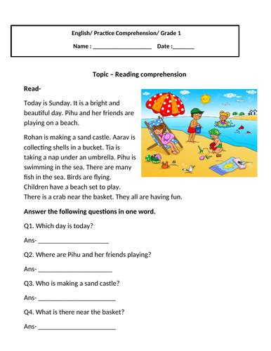 Simple Comprehension Passages For Grade 1 Printable Worksheet