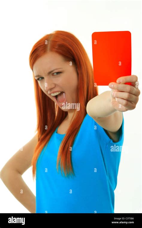 Young Woman Shows The Red Card Stock Photo Alamy