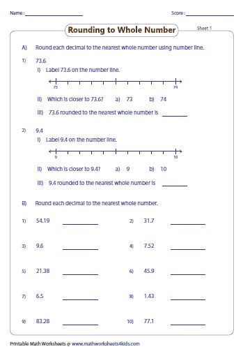 Rounding Decimals To The Nearest Whole Number Worksheets