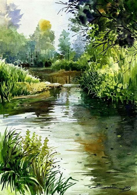 Watercolor Landscape Forest Stream River Water Садово парковое