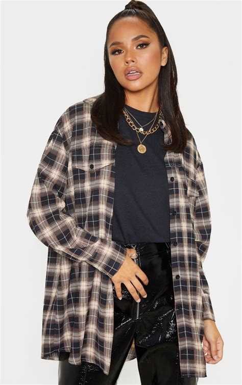 black check oversized shirt tops prettylittlething usa shirt outfit women checked shirt
