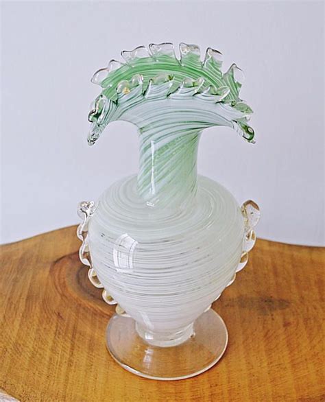 Art Glass Vase Vintage Green And White Swirl Glass Blown Glass Vase Art Glass Vase Glass
