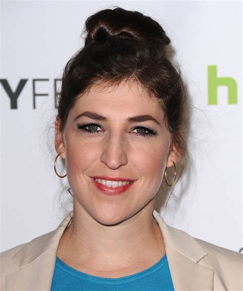 Mayim Bialik Long Straight Casual Updo Hairstyle Dark Brunette Hair Color