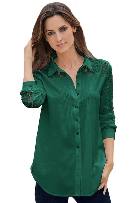 Green Top Blouse Long Sleeve Button Down Shirt Lace Splice Cuffs Tp4018