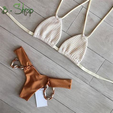 Sexy Micro Crochet Bikini With Shell White Thong Bikini Swimwear Handmade Crochet Swimsuit
