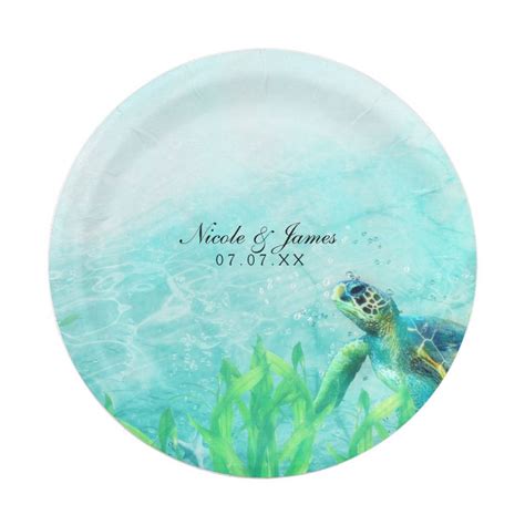 Sea Turtle Ocean Beach Art Elegant Wedding Custom Paper Plate Zazzle