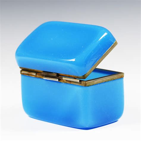 Antique French Blue Opaline Glass Jewelry Or Trinket Hinged Box From