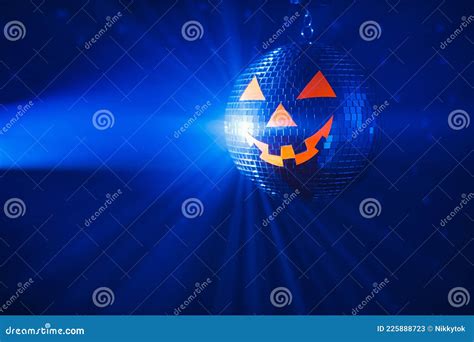 Halloween Party Pumpkin Disco Ball Blue Shiny Rays Background Stock