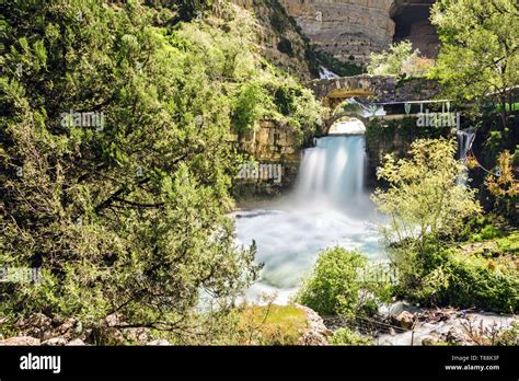 Afqa Waterfall And Old Bridge Lebanon Stock Photo Alamy
