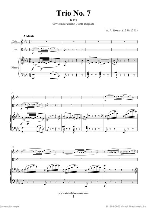 Music for harp, violin and cello. Mozart - Trio No.7 K498 sheet music for violin (or clarinet), viola (or cello) and piano