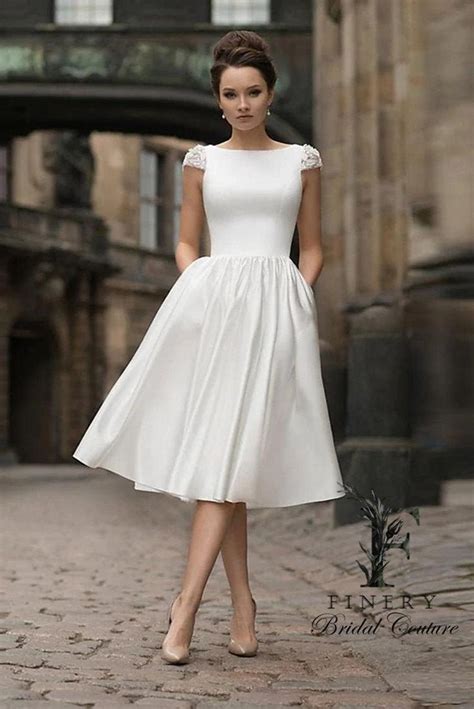 Organza Cap Sleeves Tea Length Wedding Dress Pockets Wedding Dress