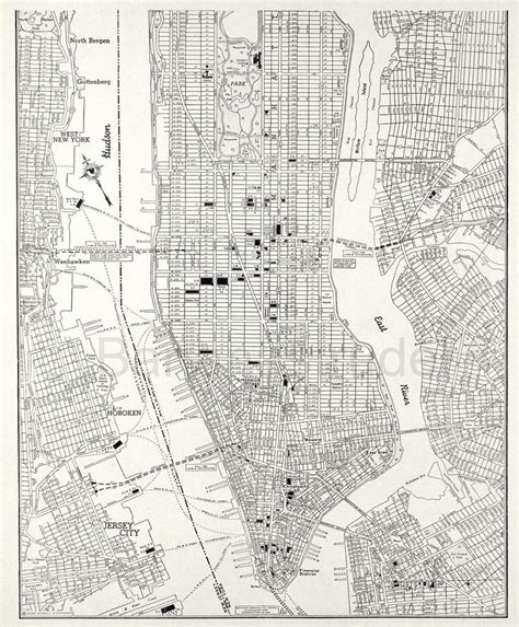 Vintage Map Of Manhattan New York City Lower Manhattan 1942 Black
