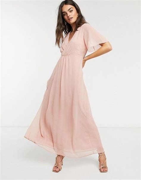 Vila Maxi Dress With Gathered Wrap Front And Flutter Sleeves In Pink