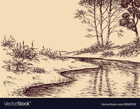 Landscape Drawing River Flow And Vegetation Download A Free Preview