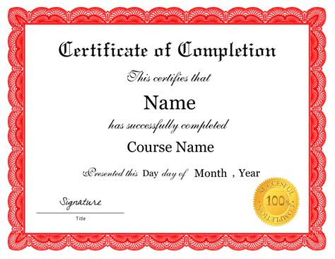 Red Certificate Of Completion Template Download Fillable Pdf