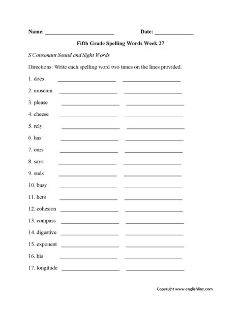 Spelling Worksheets Fifth Grade Spelling Worksheets