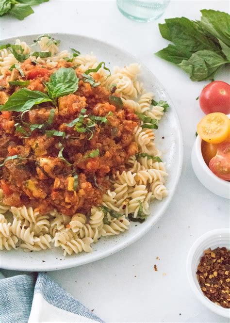 spicy red lentil veggie pasta eating by elaine