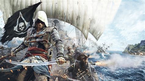 An Image Of A Pirate With Two Swords In Front Of Other Pirates On The Water