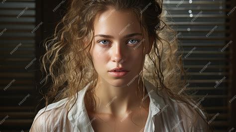 Premium Ai Image A Woman With Curly Hair And Blue Eyes