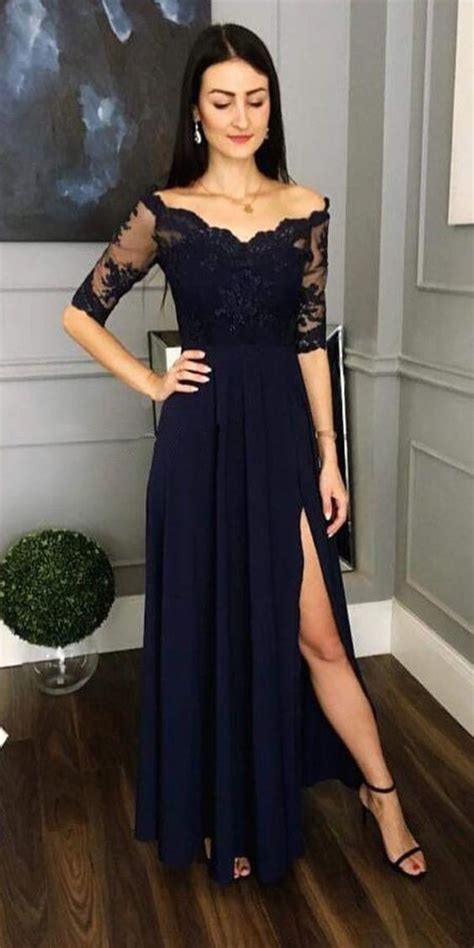 Later Navy Blue Long Sleeve Prom Dress Bts Wear Night Menominee Dress