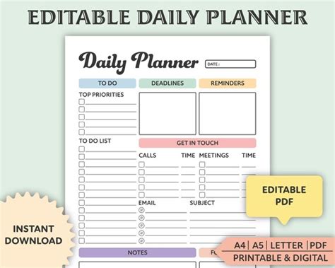 Editable Daily Schedule Printable Digital Daily Planner Etsy