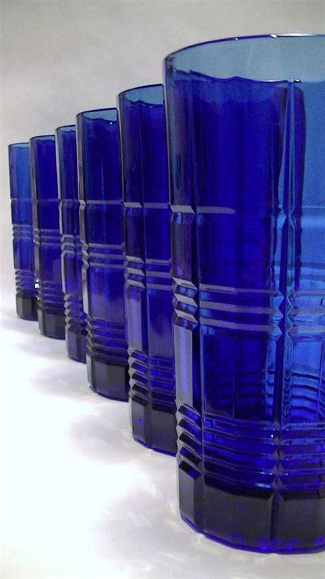 Set Of 6 Cobalt Blue Pressed Glass Panel Tartan Tumblers Etsy Cobalt Glass Glass Panels